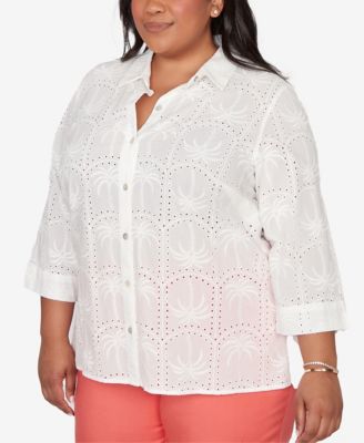 Plus Size Resort Living Eyelet Palm Tree Button Front Top