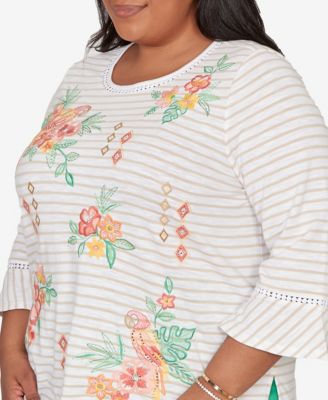 Plus Size Resort Living Parrot Stripe Embroidered Top