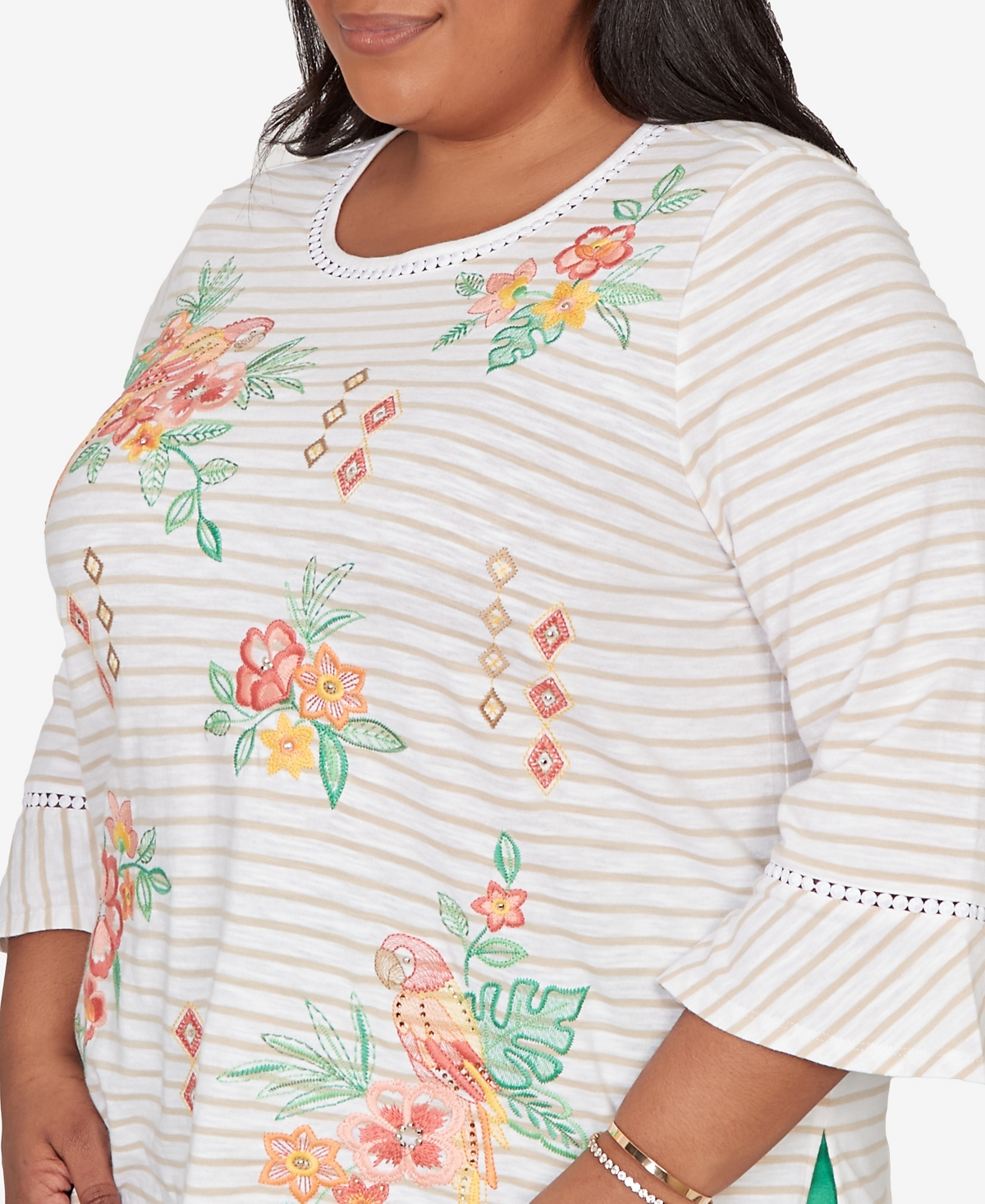Alfred Dunner Plus Resort Living Parrot Stripe Embroidered Top