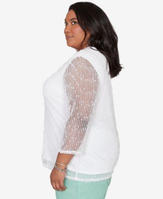 Plus Size Caribbean Blues Popcorn Mesh Solid Top with Necklace
