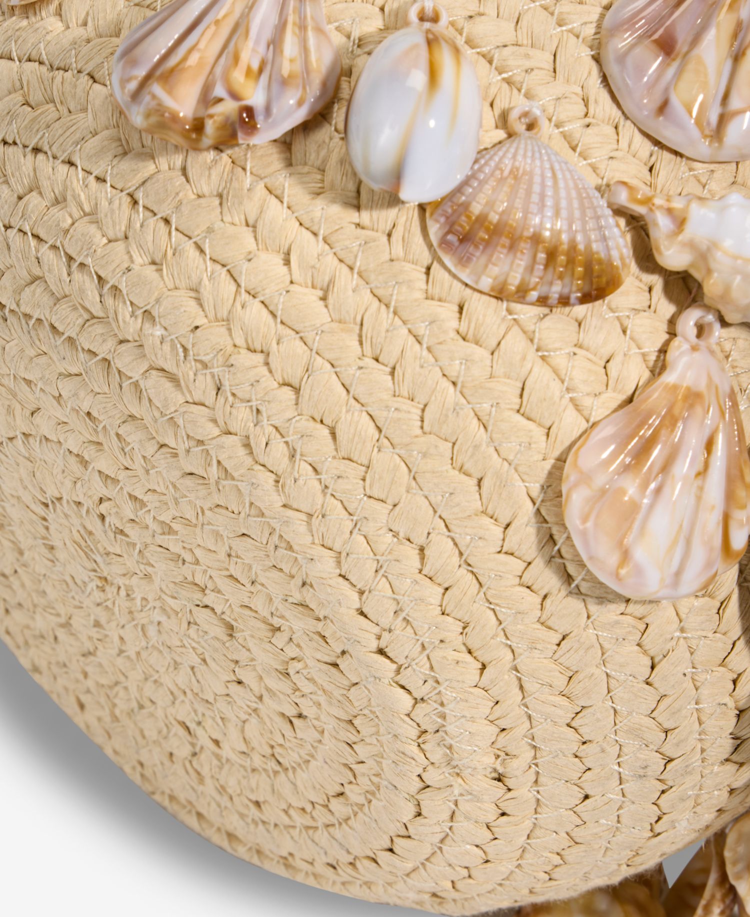 Shell Embellished Straw Bucket Bag