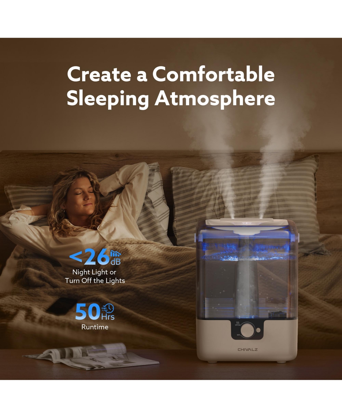 Cold Mist Humidifier for Home with 1.58 gal Tank, 26 dB Sleeping Mode Humidifier with Oil Diffuser for Bedroom, Up to 50 Hours Use