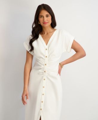 Women's Faux Linen V-Neck Midi Dress