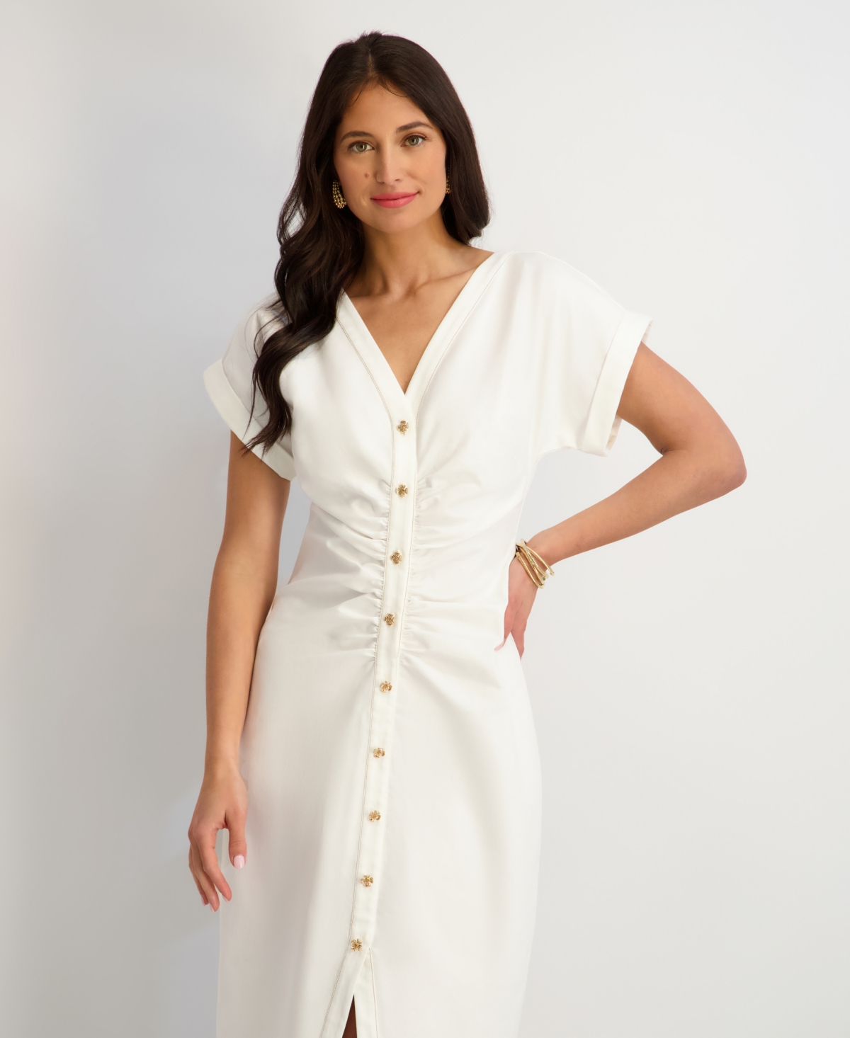 kensie Women's Faux Linen V-Neck Midi Dress