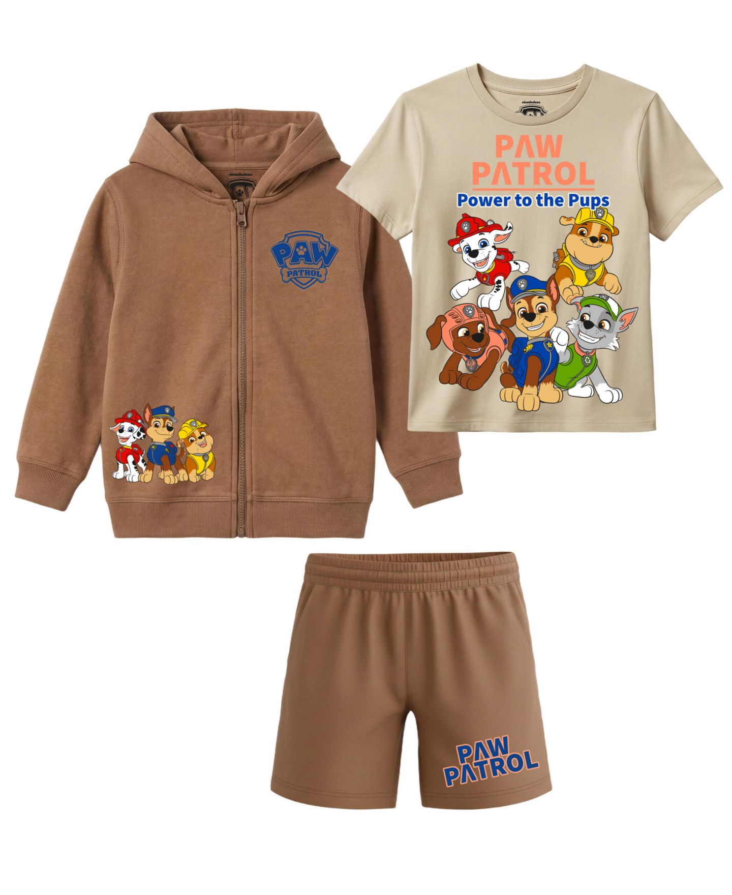 Детский комплект Paw Patrol из 3 предметов: футболка, свитшот и шорты с принтом, 2T-7, цвет: Коричневый — фото 1