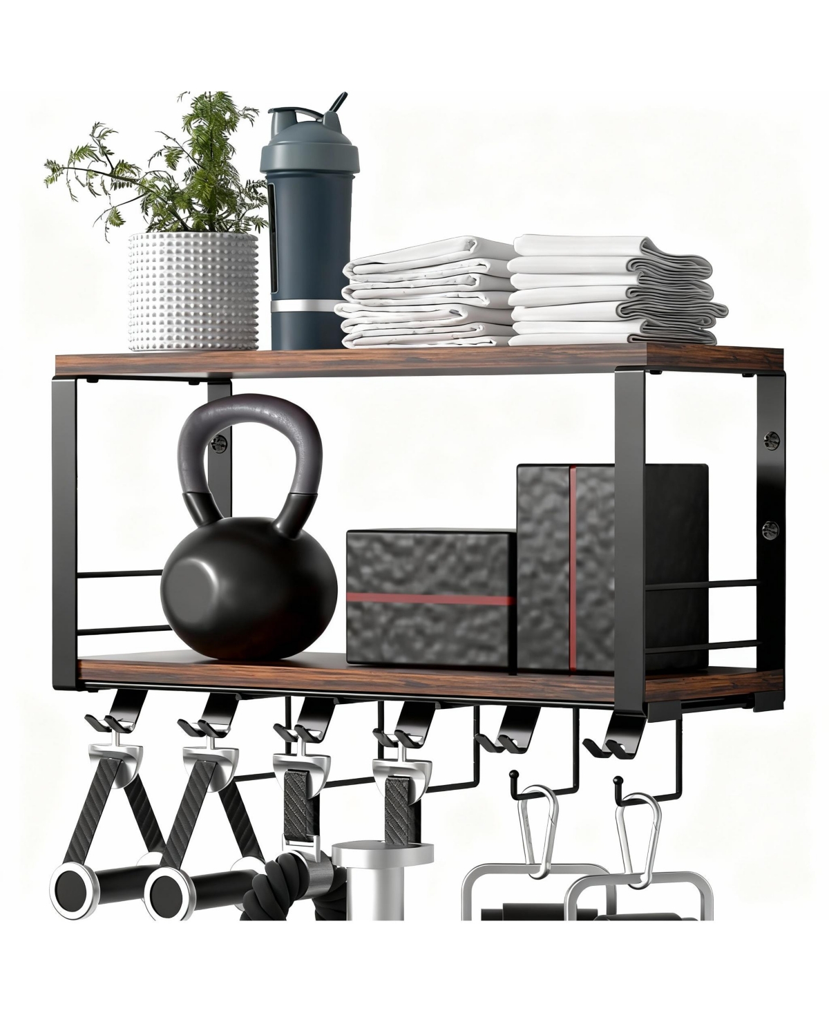Yigii 2 Tier Wall Mount Home Gym Rack - Stylish, Heavy-Duty Storage for Fitness Accessories