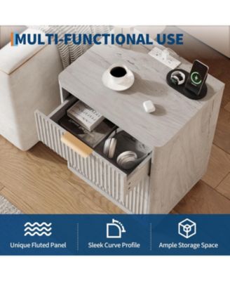 Fluted Nightstand with Charging Station, Mid Century Modern Fluted Nightstand, 3 Drawers Wooden Nightstand