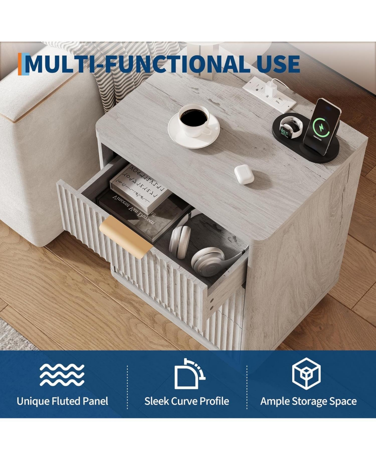 gaomon Fluted Nightstand with Charging Station, Mid Century Modern Fluted Nightstand