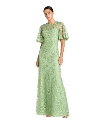 Women's Flutter Sleeve Floral Emboridered Net Gown