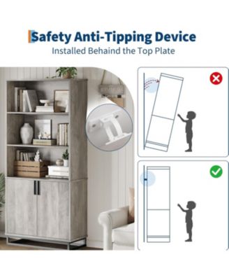 70.6" Tall Bookshelf with Doors and Metal Base, 5-Tier Farmhouse Bookcase with Cabinet and Adjustable Shelves
