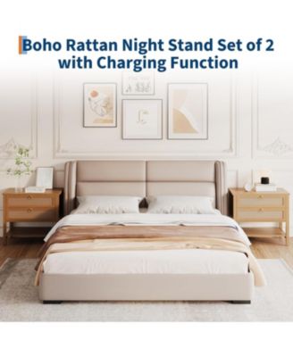 Rattan Night Stand Set of 2, Boho Night Stand with 2 Rattan Drawers, Large Bedside Table Side Table