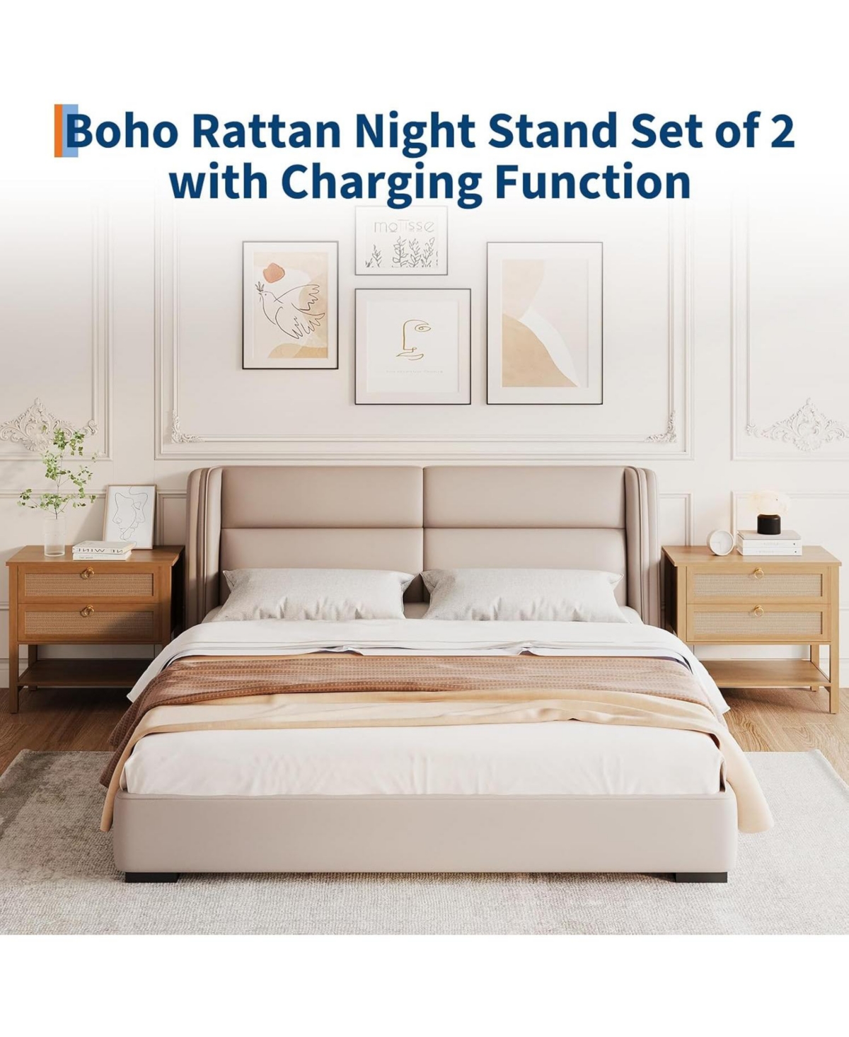 gaomon Rattan Night Stand Set of 2, Boho with 2 Drawers, Large Bedside Table Side