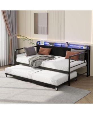 Daybed with Trundle and LED Light, Sturdy Metal Twin Size Bed Frame with Corduroy Upholstered Headboard and Charging Station