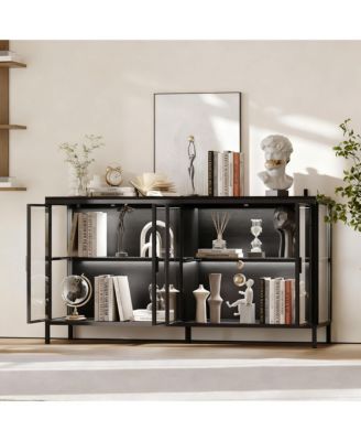 LED Illuminated Sideboard with Clear Shelves and Metal Frame for Living Room