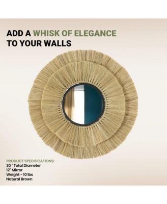 | Round Rattan Wall Mirror | Hanging Straw Boho Style Decorative Mirror, Pure Finish, Wall Mounted for Living Room & Bedroom