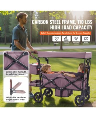 Wagon Stroller for 2 Kids, Collapsible Push Pull Quad Stroller with Adjustable Handle, Harness, Removable Canopy, 4 Wheels with Brakes