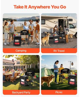 Camping Kitchen Table, Aluminum Portable Cook Station with Storage Cupboard, Detachable Windscreen, Carrying Bag, Quick Setup