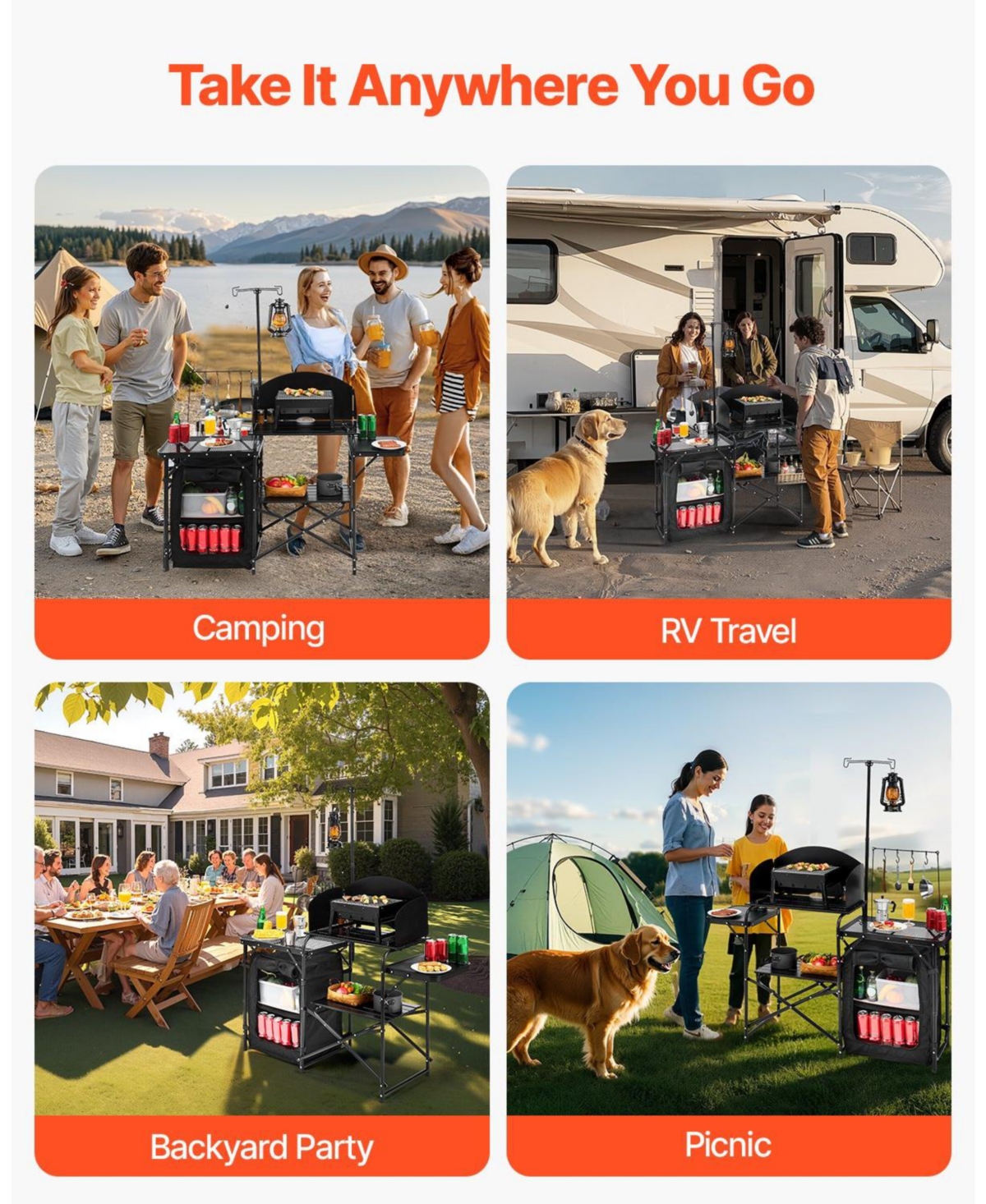 Mecale Camping Kitchen Table, Aluminum Portable Cook Station with Storage Cupboard, Detachable Windscreen, Carrying Bag, Quick Setup