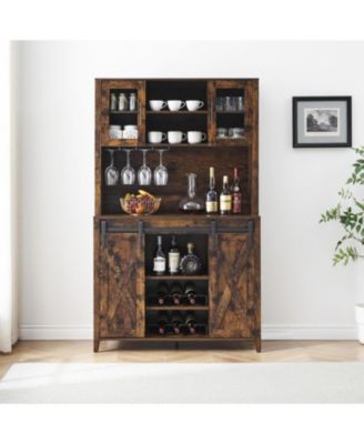 Rustic 70 Inch Tall Farmhouse Coffee Bar Cabinet with Sliding Barn Doors Ample Storage Shelves Wine Racks and Glass Holder