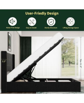 Full Lift-Up Storage Bed Frame, Velvet Wingback Headboard, Hydraulic Support