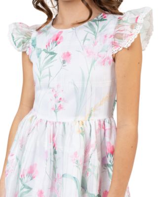 Girls' 7-16 Floral Windowpane Crochet Round Neck Dress