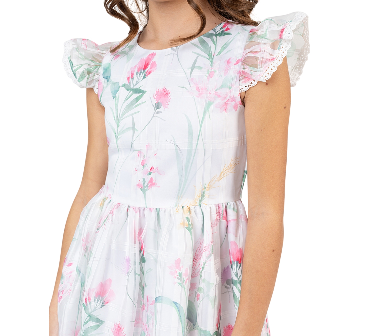 Rare Editions Girls' 7-16 Floral Windowpane Crochet Round Neck Dress