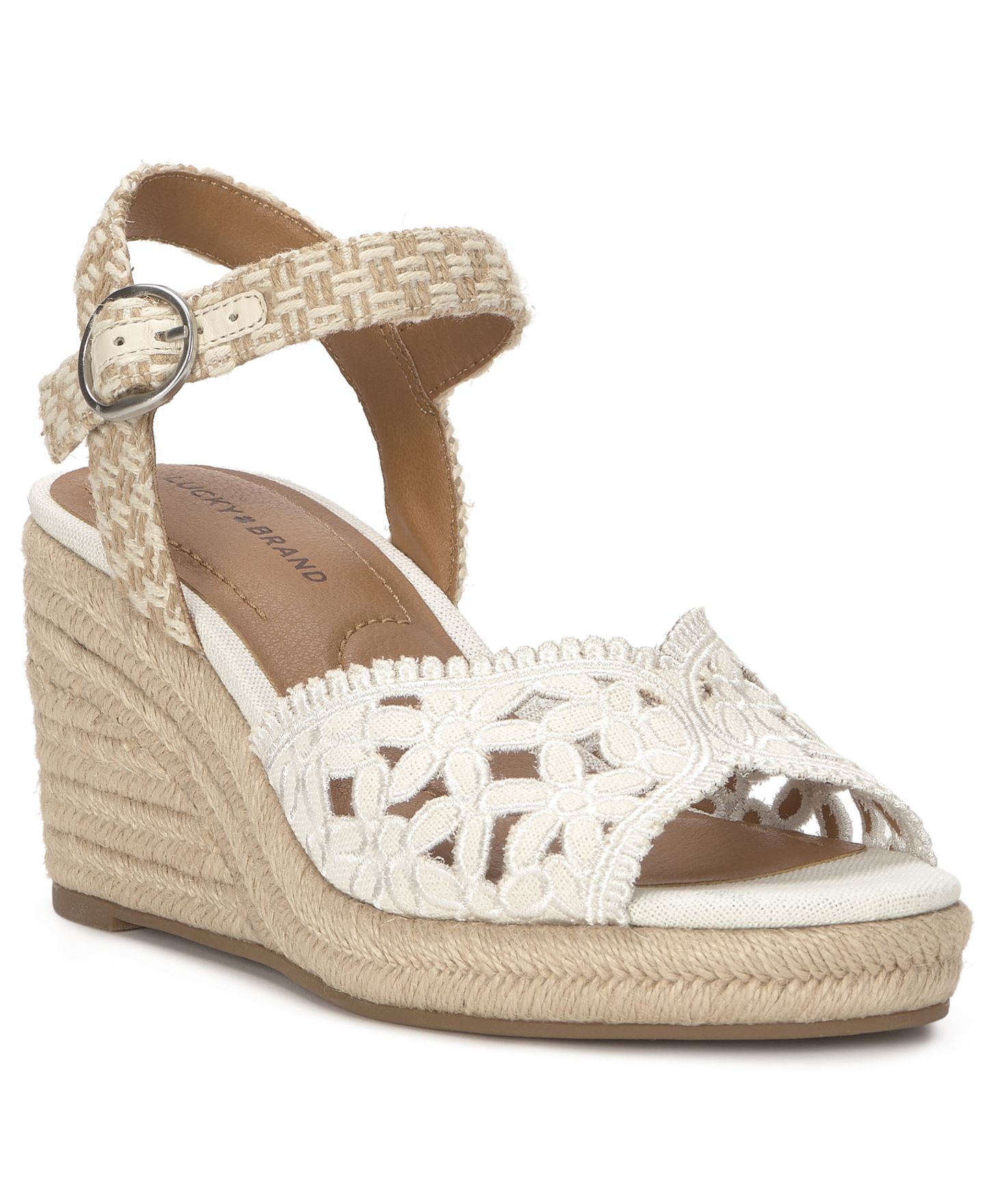 Женские сандалии Lucky Brand Coyna Floral Lace Espadrille Wedge, цвет: Белый льняной — фото 1