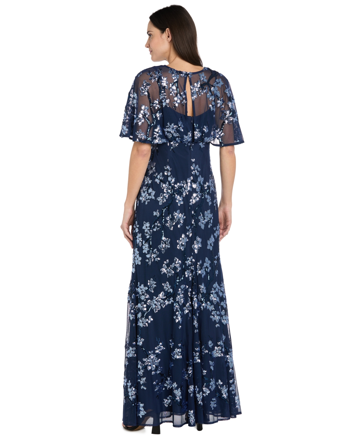 R & M Richards Women's Sequin Embellished Cape-Sleeve Gown