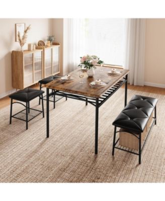 Dining Table Set for 4 with Benche/Stools Kitchen Table Set with Storage Shelves Dining Table Set with PU Cusion Dining Room Furniture