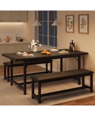 Dining Table Set for 4-6 63 Inch Extendable Wood Dining Room Table with Corner Protector and 2 Upholstered Benches Kitchen Table