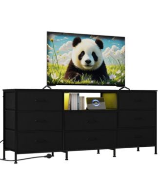 63" TV Stand with 8 Fabric Drawers and LED Lighting, Steel Frame Media Console for 65 70 75 Inch Televisions