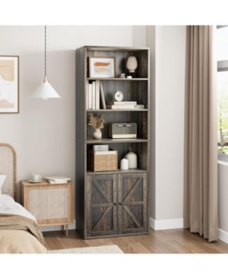 Industrial Bookcase with Doors – 6-Shelf Farmhouse Wooden Bookshelf, 11.8" Deep Display Storage Shelves for Bedroom, Living Room