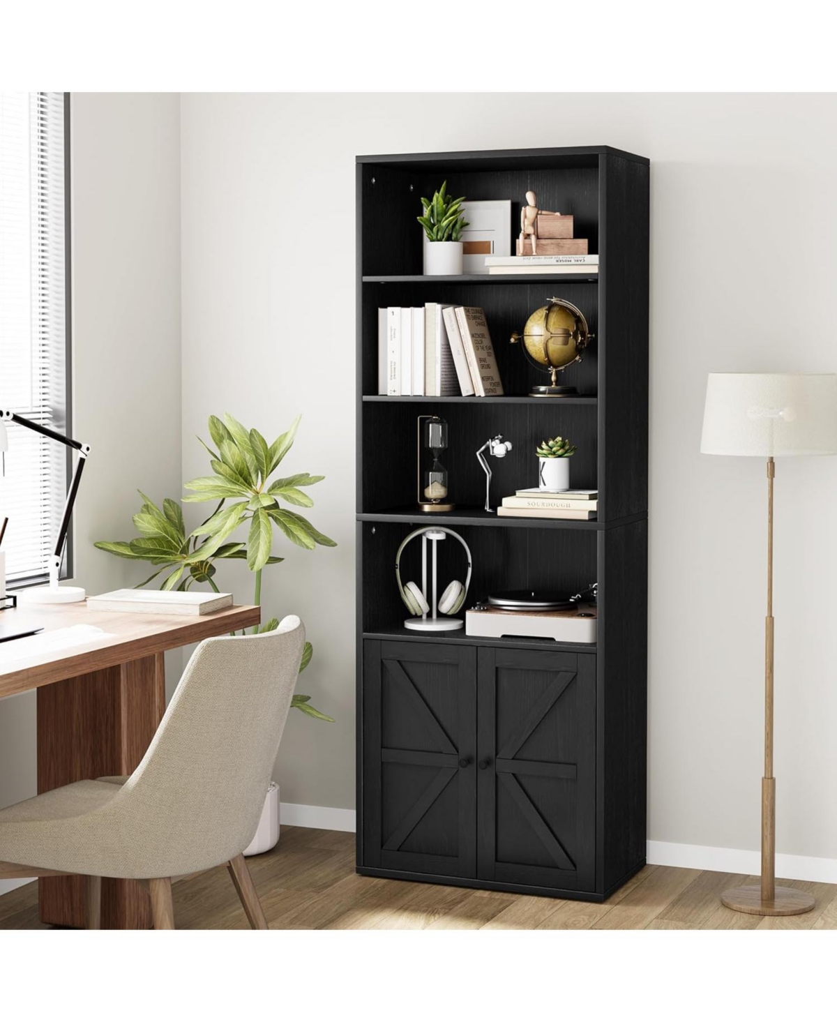 gaomon Industrial Bookcase with Doors – 6-Shelf Farmhouse Wooden Bookshelf, 11.8" Deep Display Storage Shelves for Bedroom, Living Room