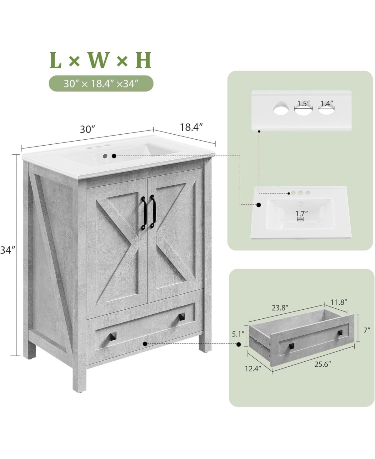 gaomon 30" Vanity with Ceramic Sink Modern Bathroom Vanity with 2 Doors and 1 Storage Drawer Freestanding Bathroom Cabinet with Contemporary Desi