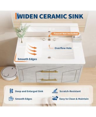 30" Bathroom Vanity with Sink Combo Floating Bathroom Vanity with Ceramic Basin 2 Large Drawers with Gold Handle Soft-Close Design