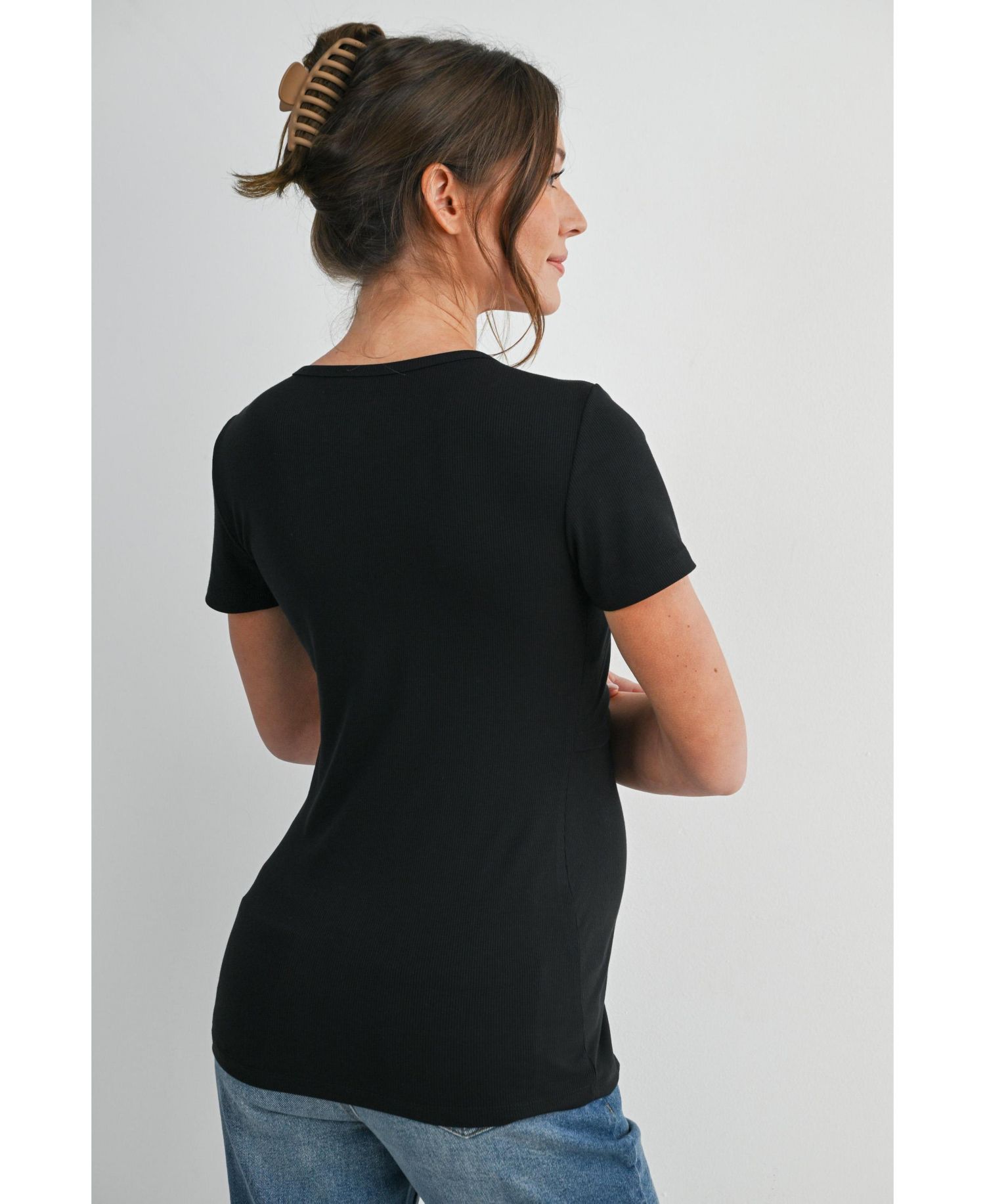 Maternity Nursing Ribbed Short-Sleeve Crewneck Top with Lift-Up Panel
