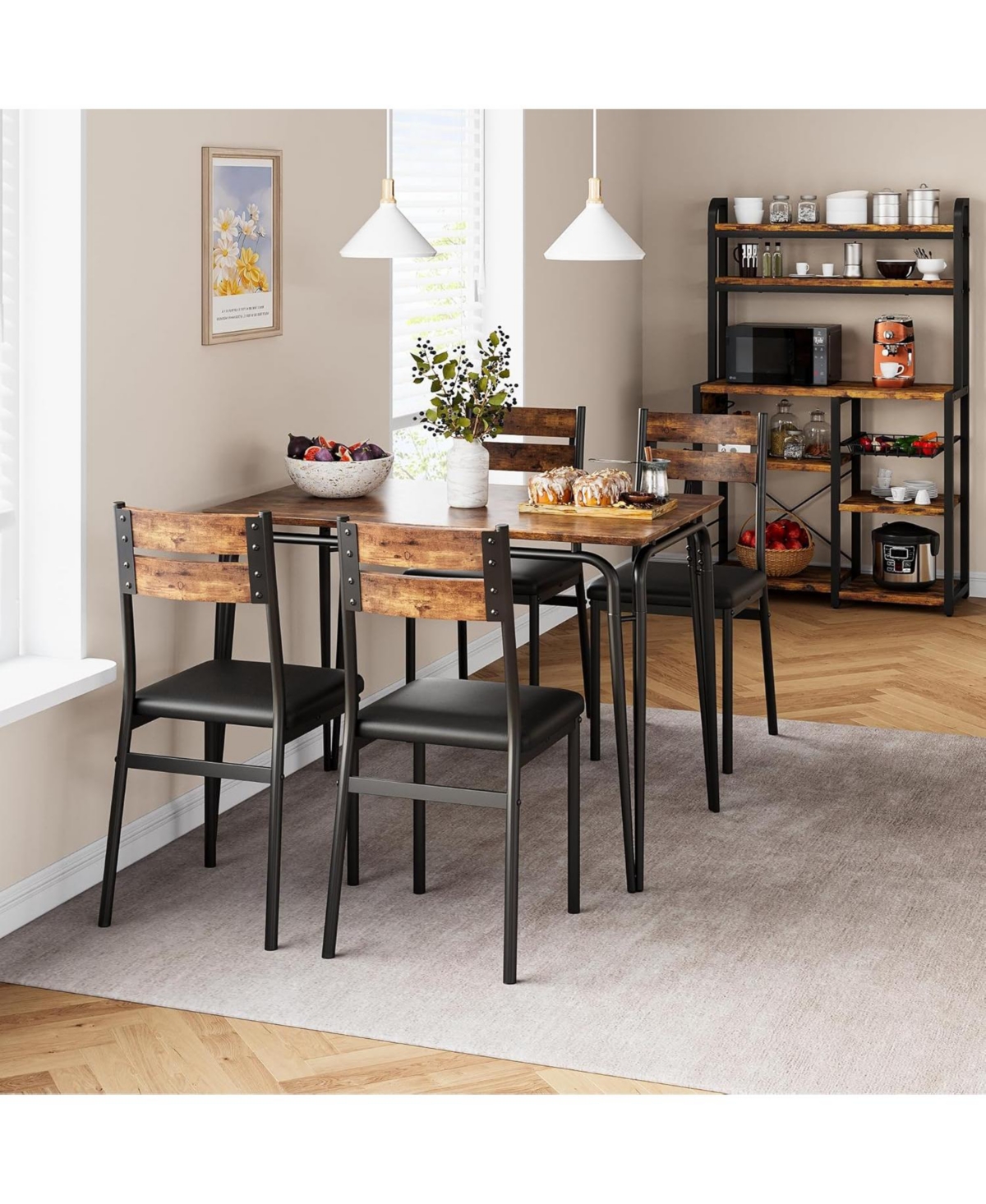 gaomon 5-Piece Dining Table Set Sturdy Wooden Square Table and Chair Breakfast Table Set for 4 Person for Home or Commercial Dining Room