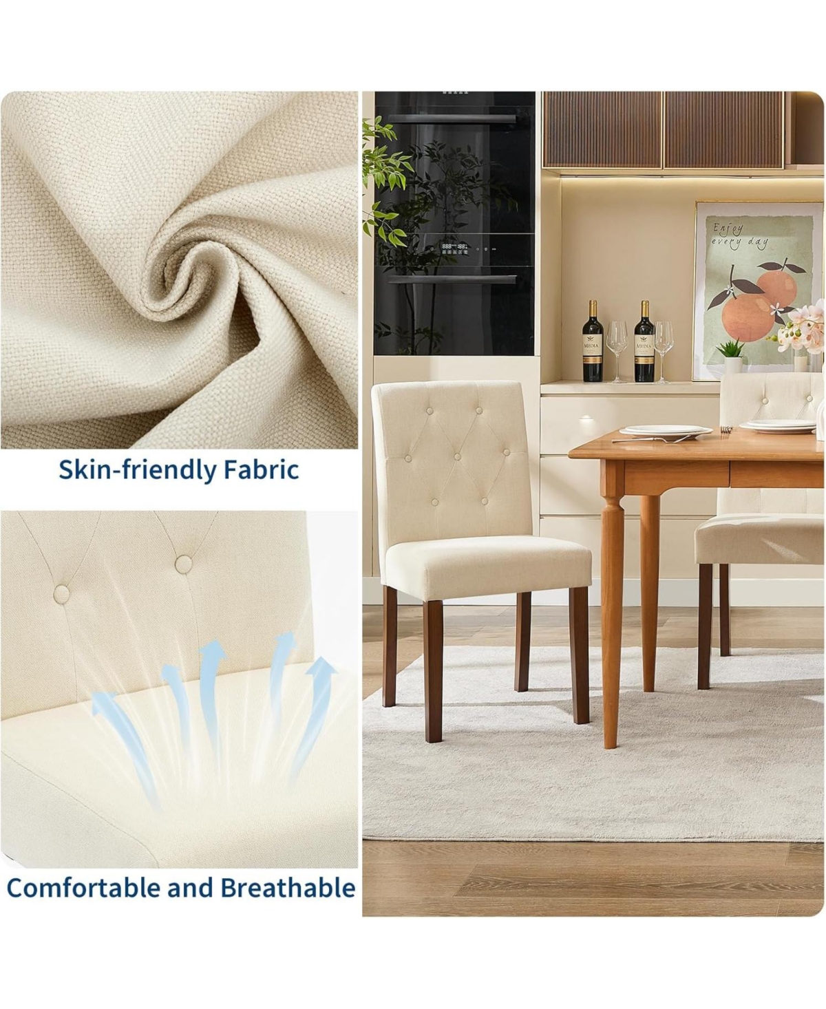 Gaomon Set of 6 modern upholstered dining chairs with soft linen fabric, sturdy wood legs, and a comfortable Parsons design for any dining room