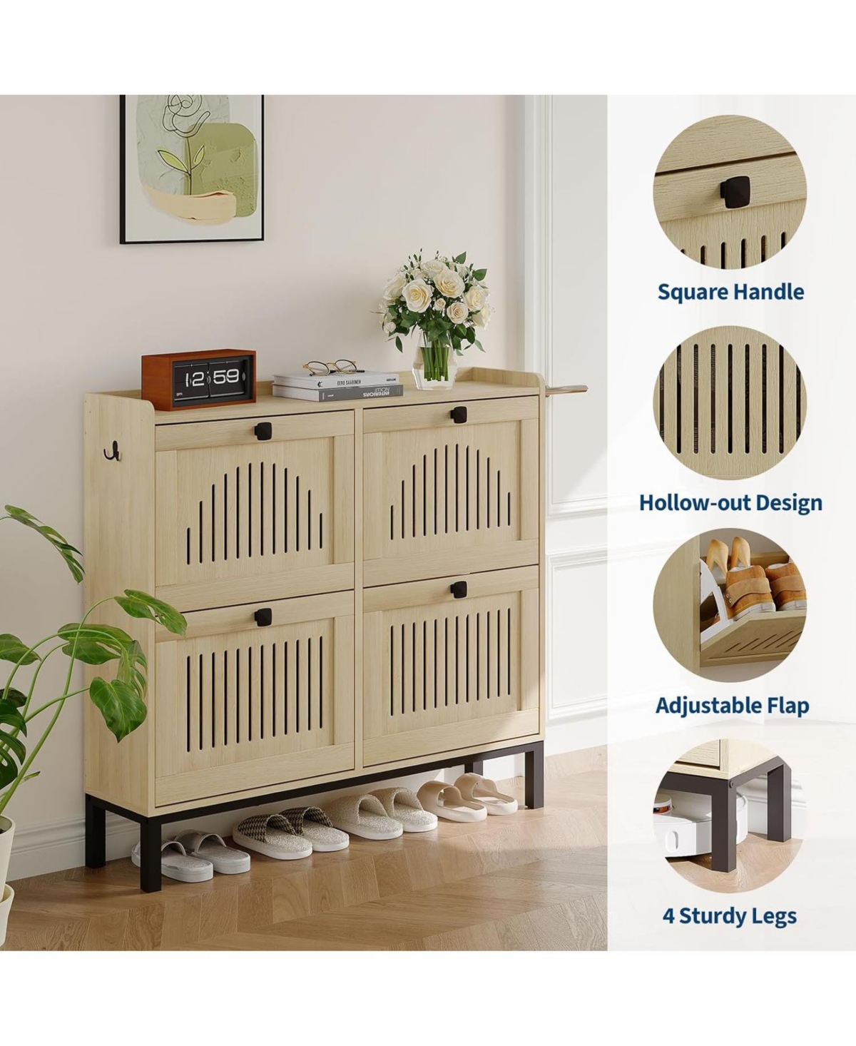 gaomon Shoe Storage Cabinet with 4 Flip Drawers, Hollow Panel Design, Black Square Handles, Adjustable Shoe Organizer for Entryway, Living Room