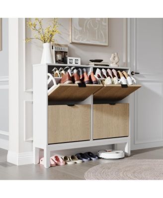 Farmhouse Shoe Cabinet with 4 Flip Drawers – Freestanding Fluted Shoe Organizer with Metal Legs, Slim Hidden Shoe Rack