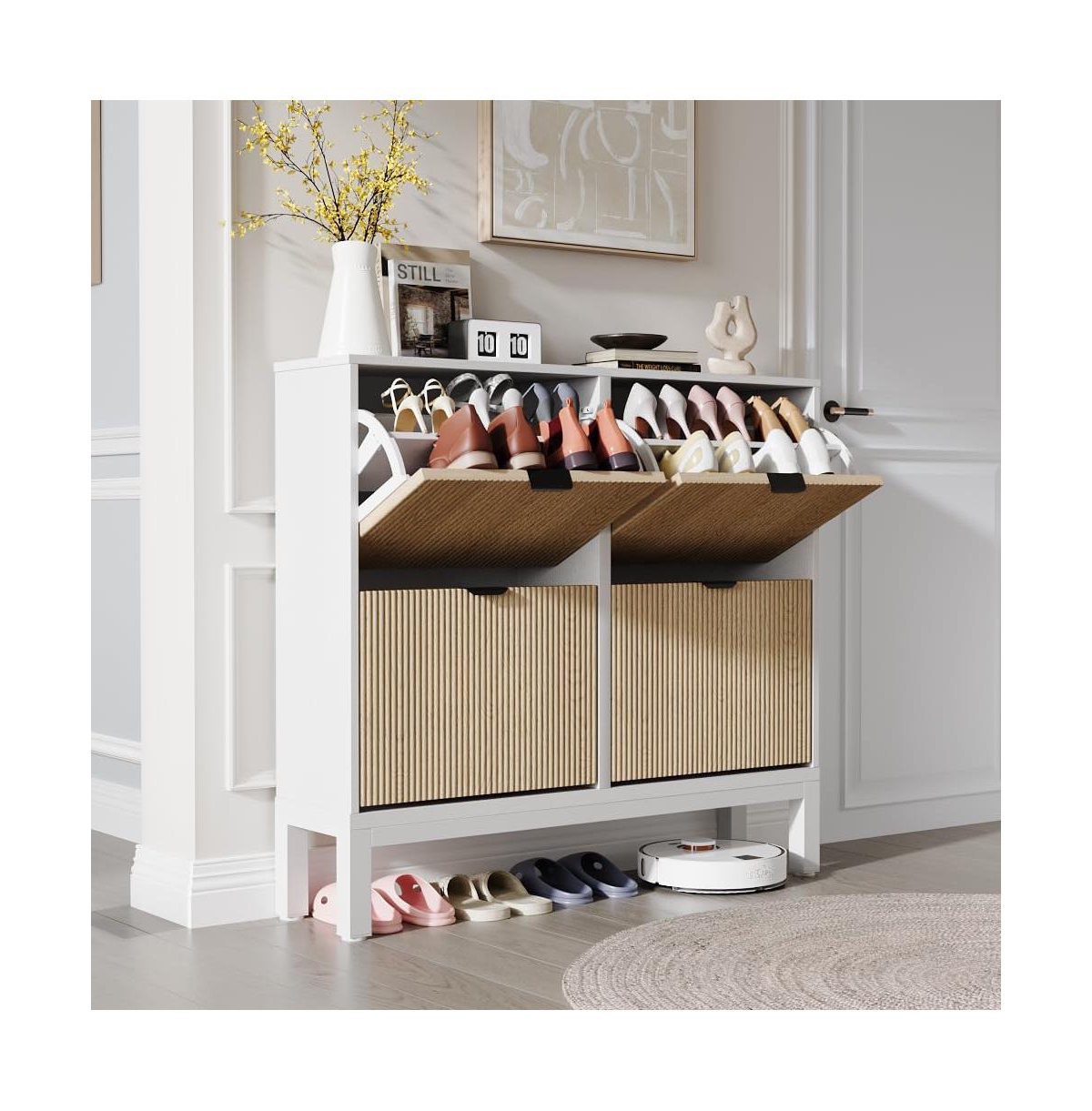 gaomon Farmhouse Shoe Cabinet with 4 Flip Drawers – Freestanding Fluted Shoe Organizer with Metal Legs, Slim Hidden Shoe Rack