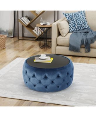 Modern Glam Velvet Button-Tufted Glass-Top Ottoman