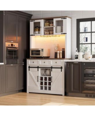 72" modern farmhouse coffee bar cabinet with LED lights, power outlets, sliding barn doors, wine storage, and ample space in rustic