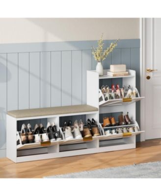 Farmhouse Shoe Cabinet with Bench, 4 Flip Drawers, Cushioned Seat Shoe Organizer, Freestanding Entryway Storage