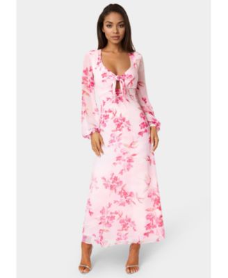 Women's Printed Chiffon Tie Front Maxi Dress