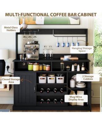 47" Farmhouse Coffee Bar Cabinet with Charging Station &Wine Racks Rustic Wood Kitchen Buffet Cabinet Wine Bar Table