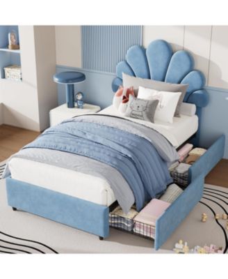 Twin Kids Bed Frame with Storage Drawers, Velvet Upholstered Headboard