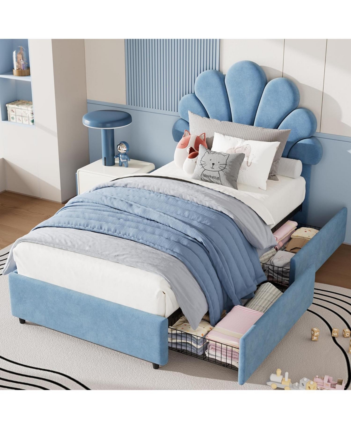 gaomon Twin Kids Bed Frame with Storage Drawers, Velvet Upholstered Headboard