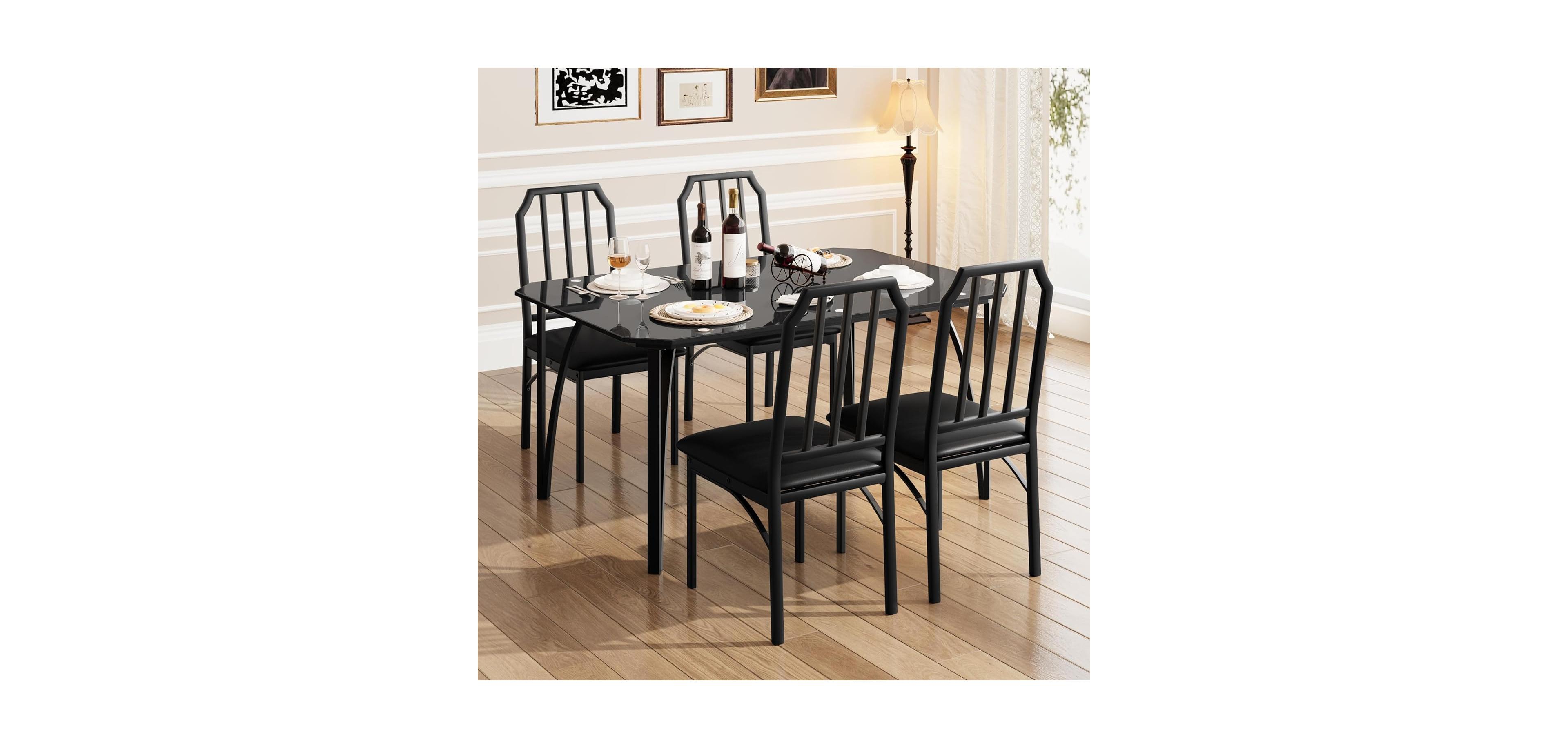 gaomon Glass Dining Table Set for 4, 5 Piece Kitchen Table and Chairs with Chamfer Design and Cushioned Seats for Small Spaces