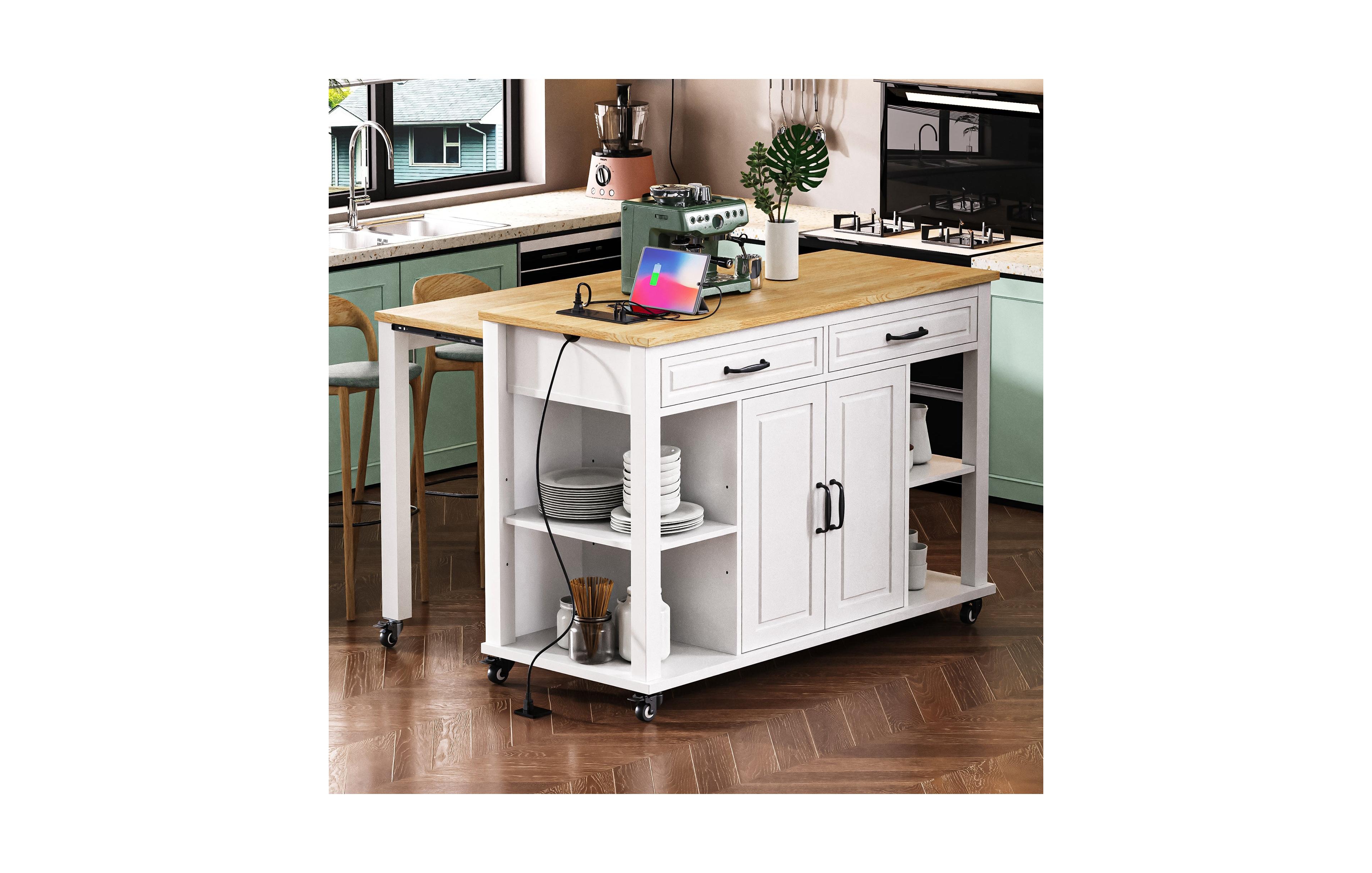Clihome Kitchen Island with Extendable Table, 47.2"×19.7" Mobile Kitchen Island Cart